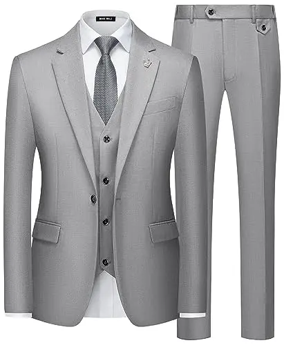 MAGE MALE 3-Piece Slim Fit Tuxedo Suit in Light Grey with matching tie