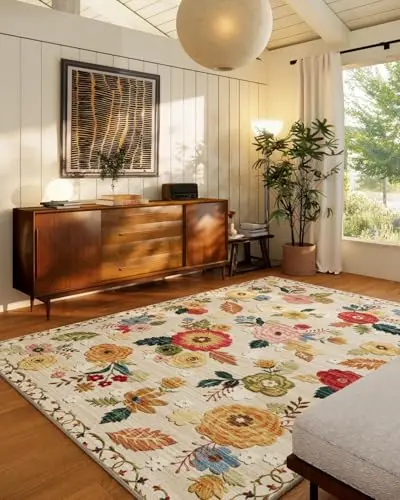 Palohom beige floral area rug with distressed vintage pattern