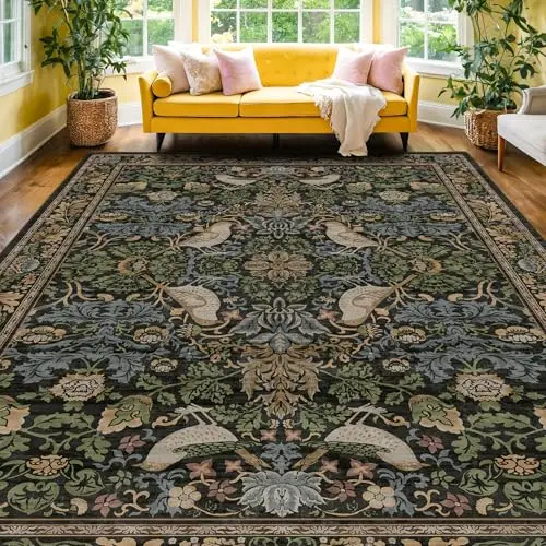 Hazo Haus dark green and brown floral area rug with bird and leaf pattern
